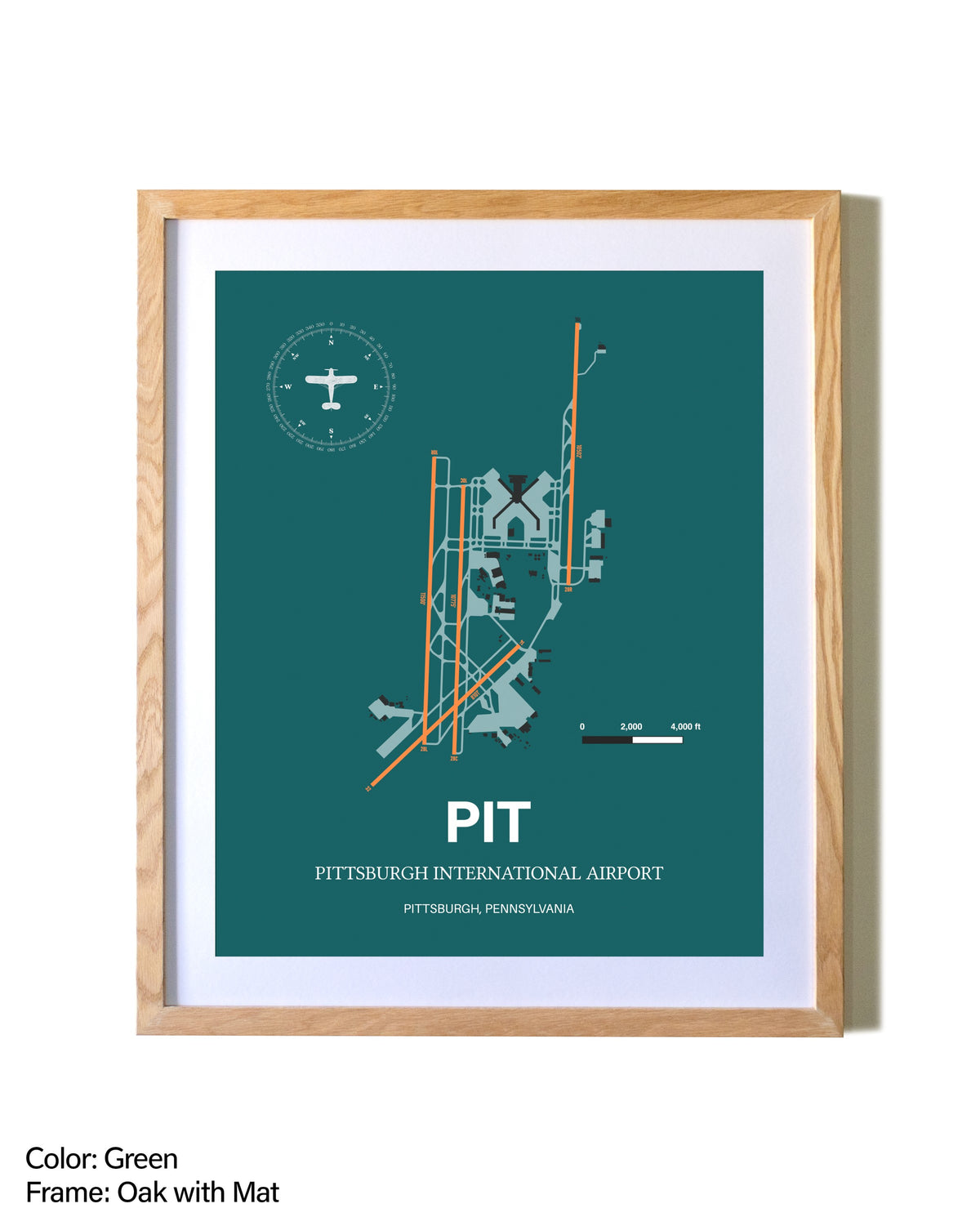 Pittsburgh International Airport airport map poster in oak frame with mat