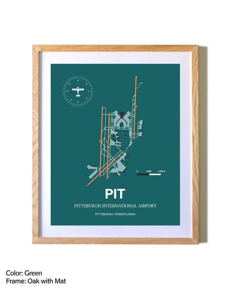 Pittsburgh International Airport airport map poster in oak frame with mat