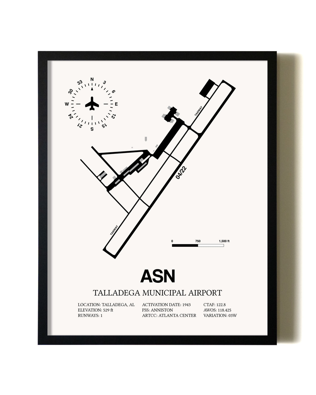 Framed Talladega Municipal Airport wall art poster in black frame