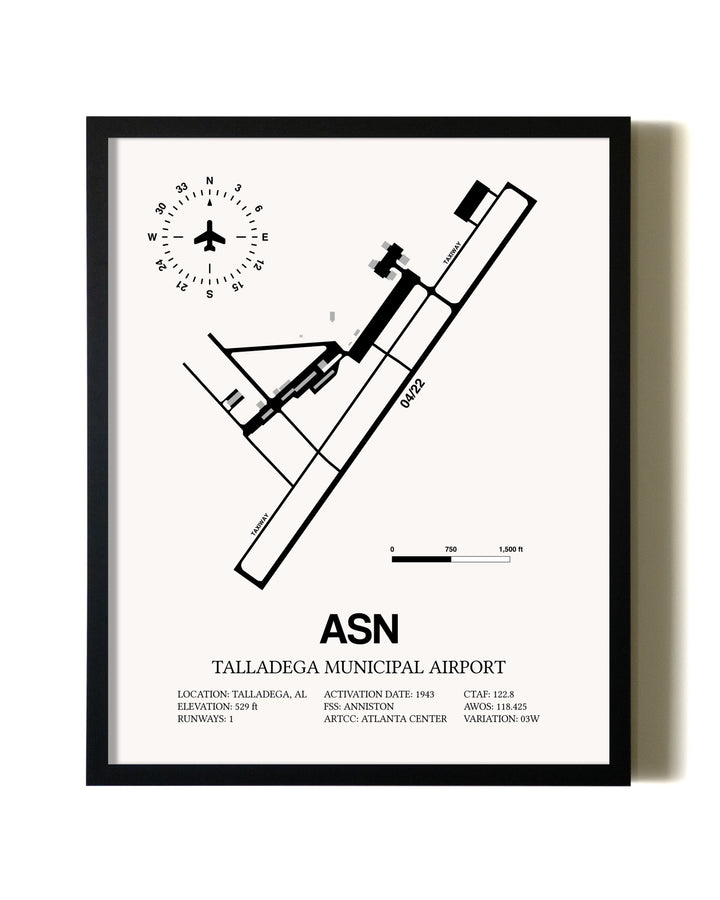 Framed Talladega Municipal Airport wall art poster in black frame