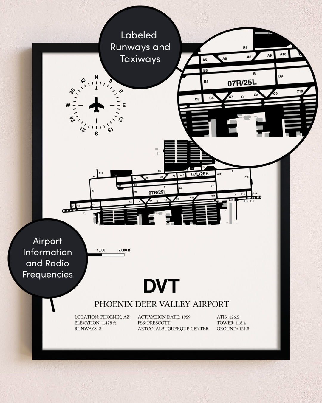 Framed Phoenix Deer Valley Airport layout wall art poster