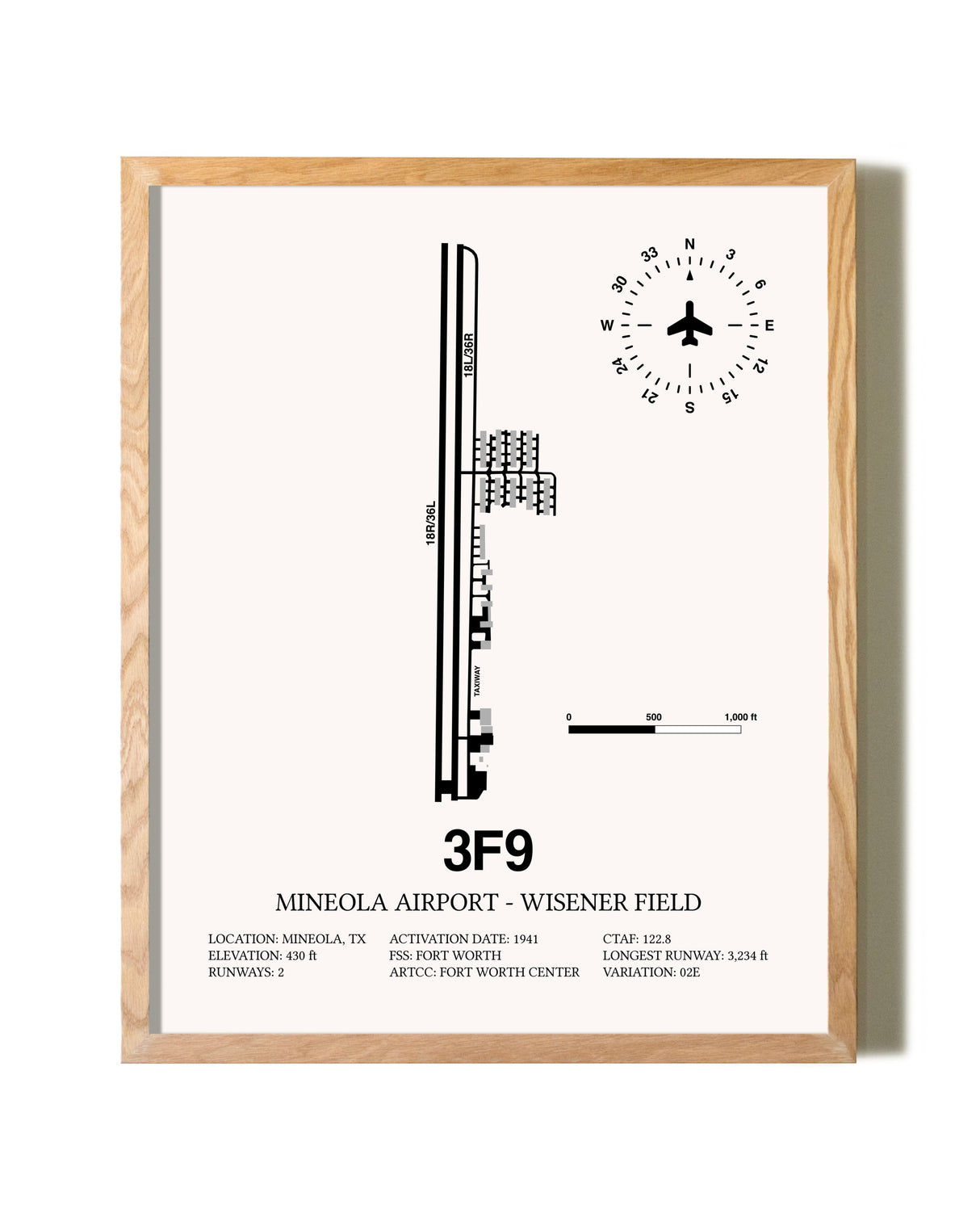 Mineola Airport - Wisener Field framed print in natural wood frame