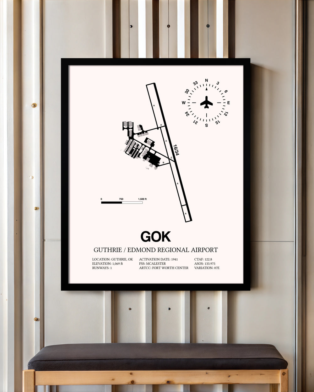 Guthrie / Edmond Regional Airport framed poster displayed in an airplane hangar