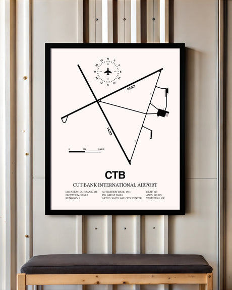 Cut Bank International Airport framed poster displayed in an airplane hangar