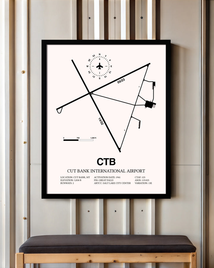 Cut Bank International Airport framed poster displayed in an airplane hangar