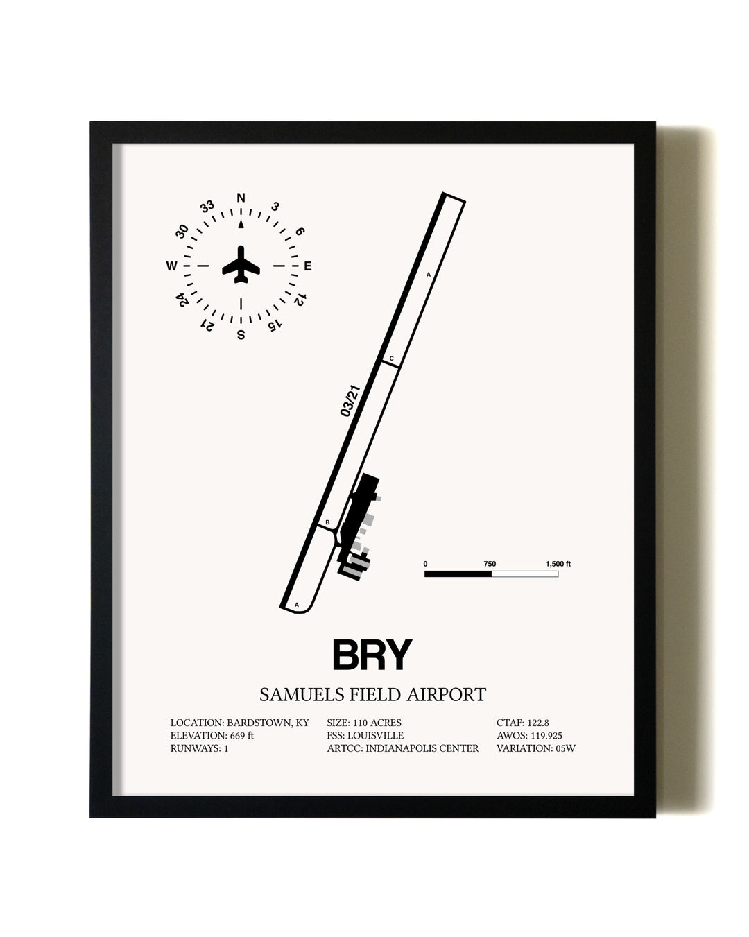 Framed Samuels Field Airport wall art poster in black frame