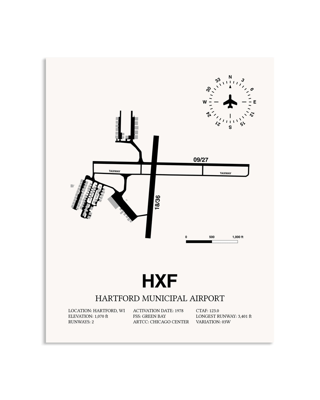 Gray Hartford Municipal Airport framed poster displayed in an airplane hangar
