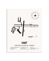 Gray Hartford Municipal Airport framed poster displayed in an airplane hangar