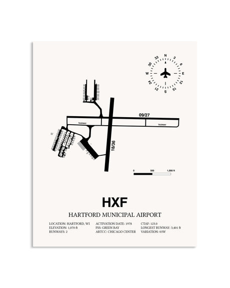 Gray Hartford Municipal Airport framed poster displayed in an airplane hangar