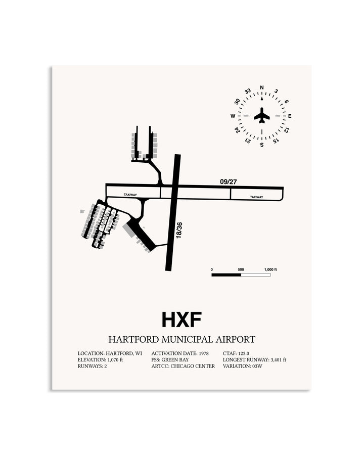 Gray Hartford Municipal Airport framed poster displayed in an airplane hangar
