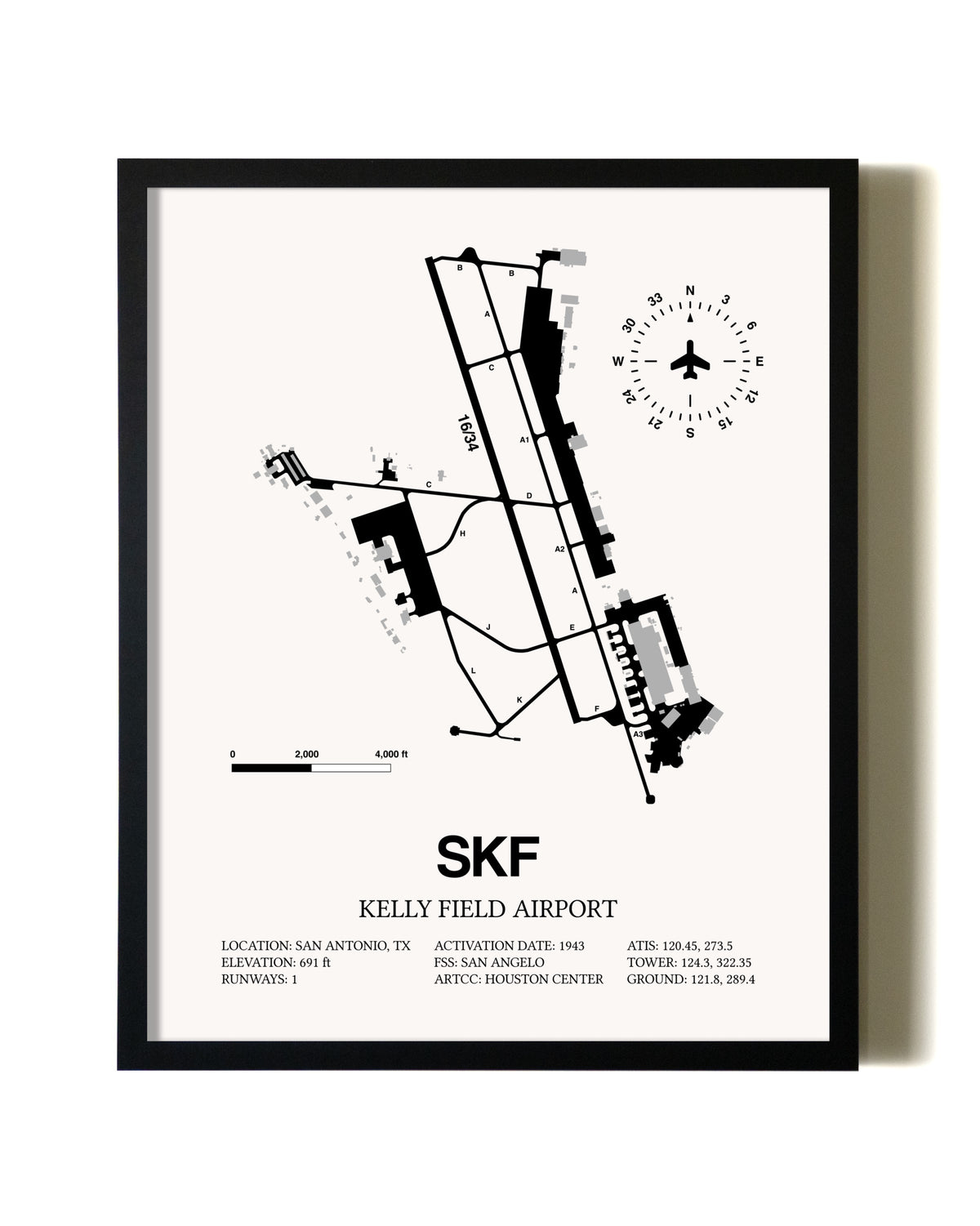 Framed Kelly Field Airport wall art poster in black frame