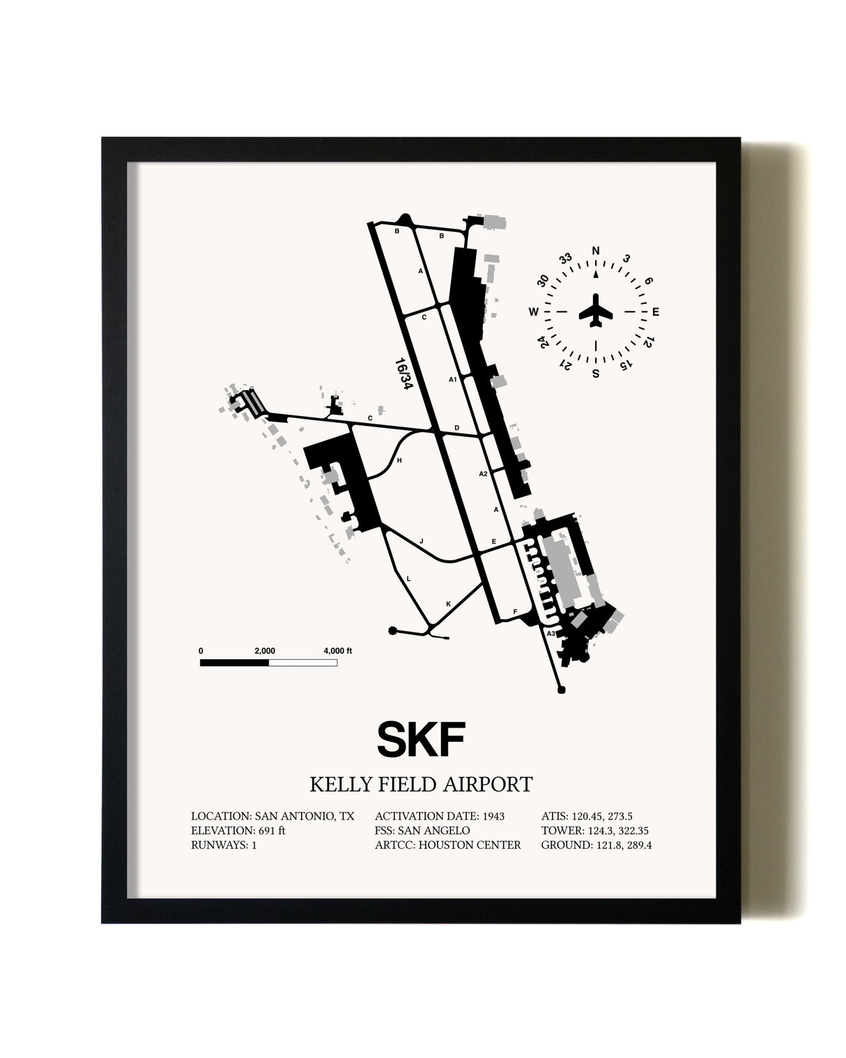 Framed Kelly Field Airport wall art poster in black frame