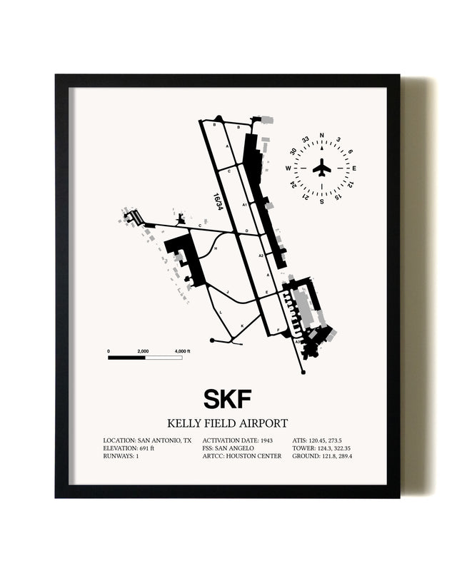 Framed Kelly Field Airport wall art poster in black frame