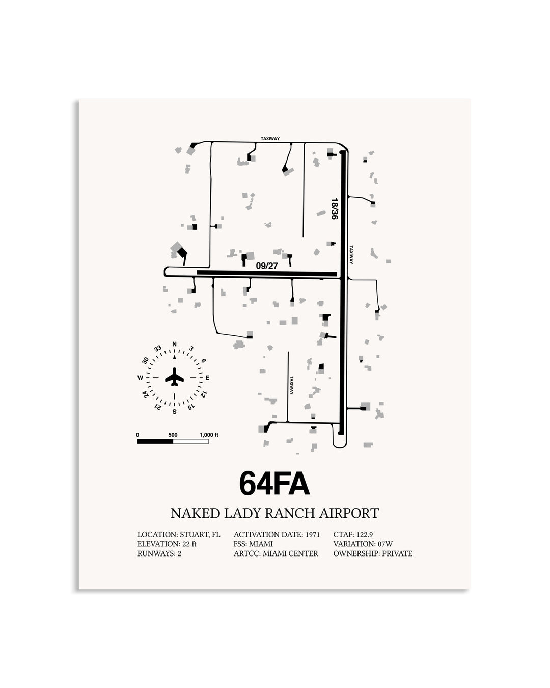 Gray Naked Lady Ranch Airport framed poster displayed in an airplane hangar