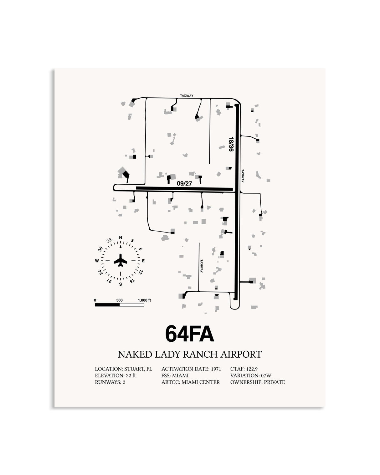 Gray Naked Lady Ranch Airport framed poster displayed in an airplane hangar