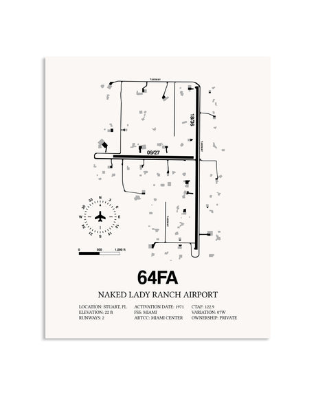 Gray Naked Lady Ranch Airport framed poster displayed in an airplane hangar