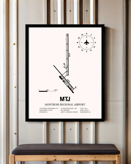 Montrose Regional Airport framed poster displayed in an airplane hangar