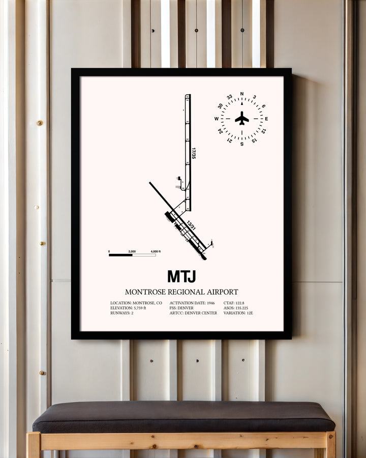 Montrose Regional Airport framed poster displayed in an airplane hangar