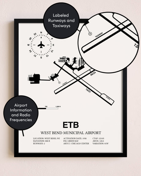 Framed West Bend Municipal Airport layout wall art poster