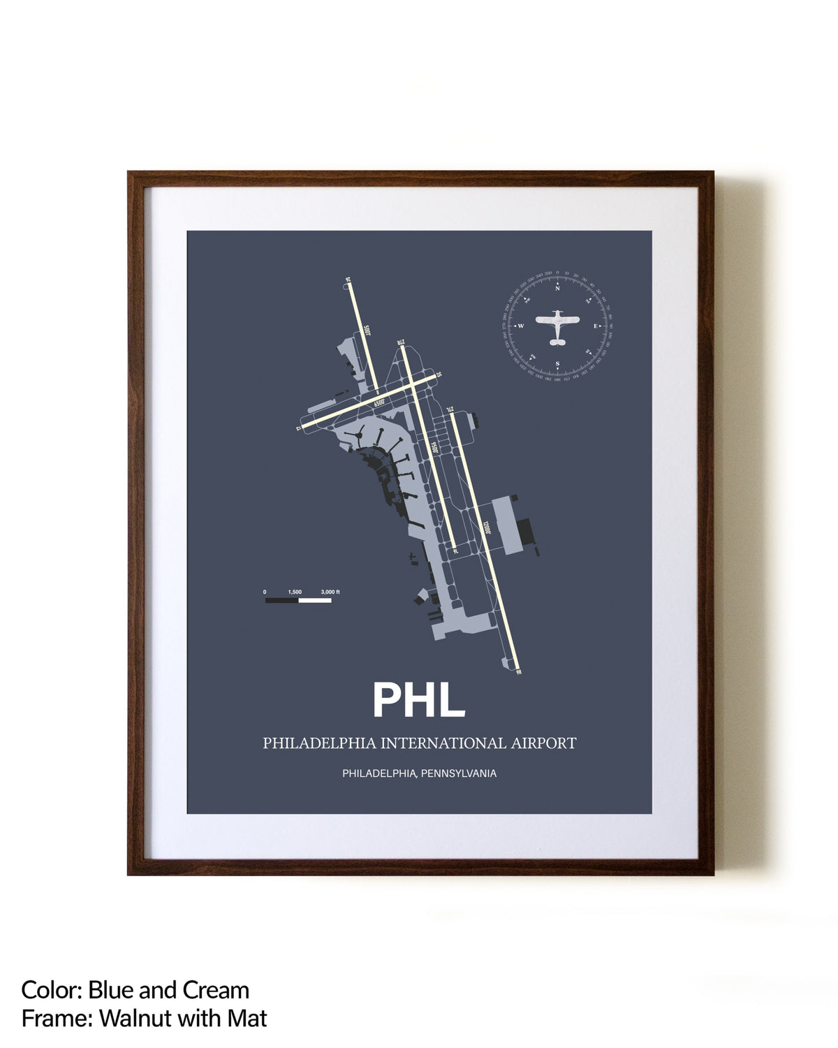 Philadelphia International Airport aviation print in walnut frame with mat