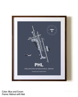 Philadelphia International Airport aviation print in walnut frame with mat