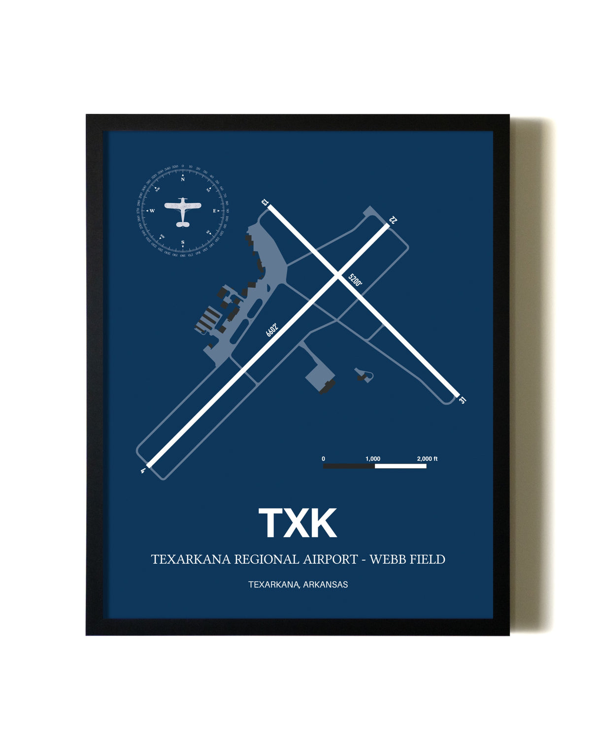Aviation Blue Framed Texarkana Regional Airport - Webb Field layout wall art poster