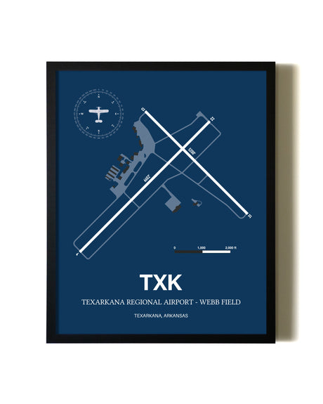 Aviation Blue Framed Texarkana Regional Airport - Webb Field layout wall art poster