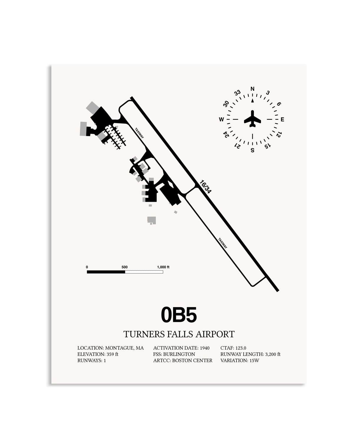 Gray Turners Falls Airport framed poster displayed in an airplane hangar