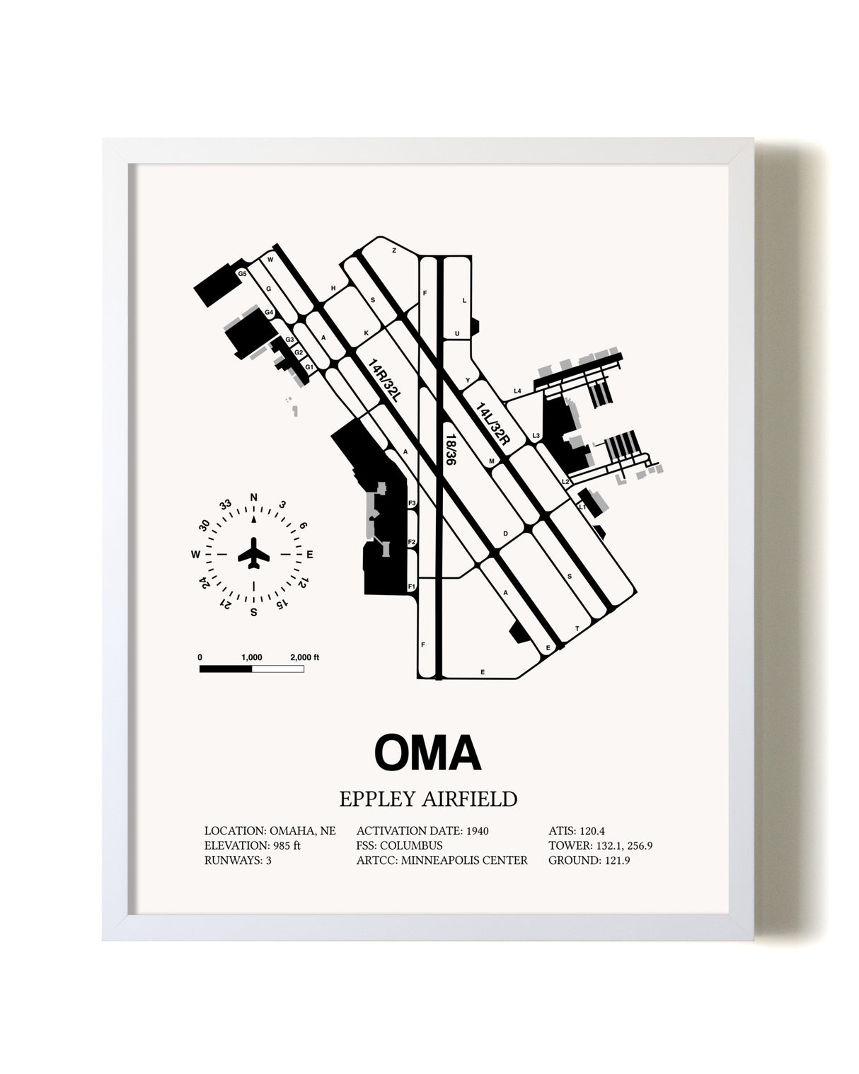 Eppley Airfield airport map poster in oak frame