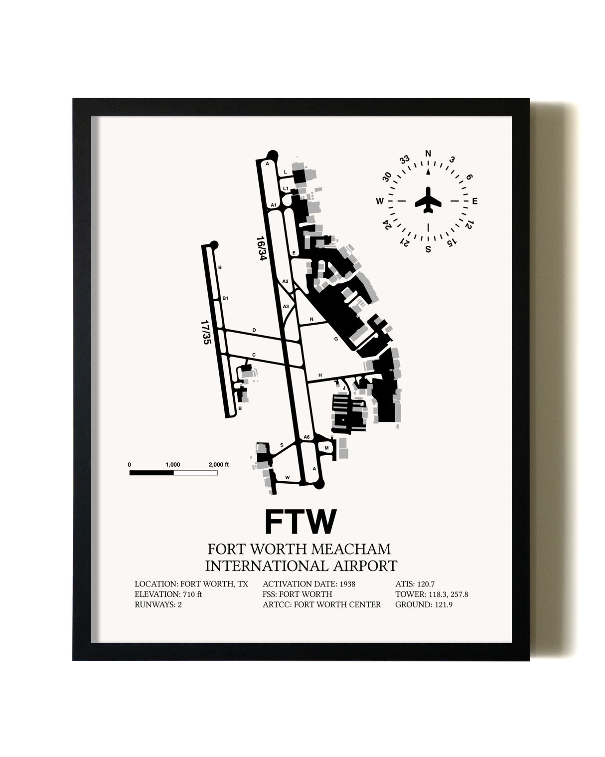 Framed Fort Worth Meacham International Airport wall art poster in black frame