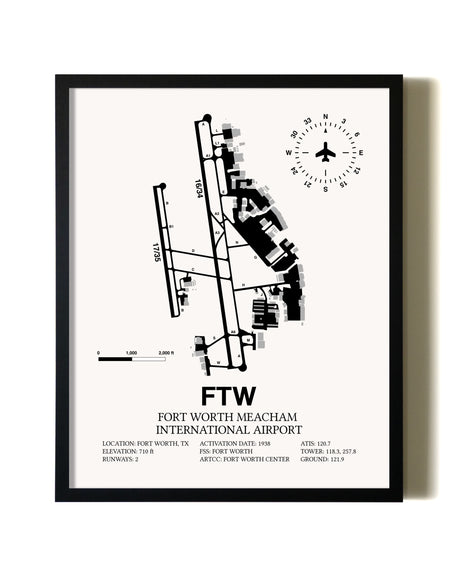 Framed Fort Worth Meacham International Airport wall art poster in black frame