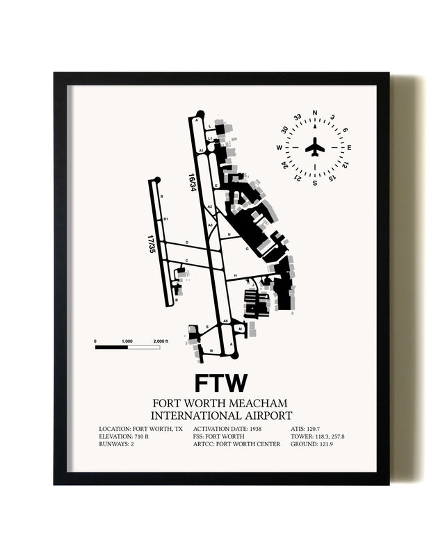 Framed Fort Worth Meacham International Airport wall art poster in black frame