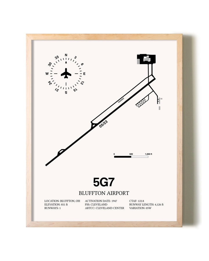 Bluffton Airport framed wall art in white frame
