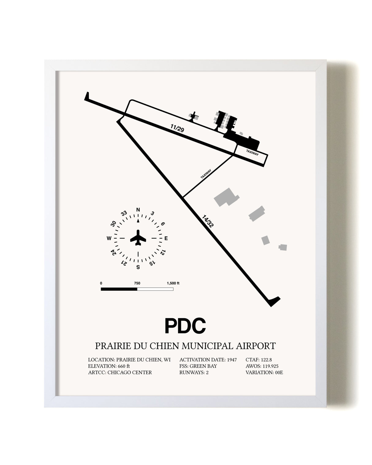 Prairie Du Chien Municipal Airport airport map poster in oak frame