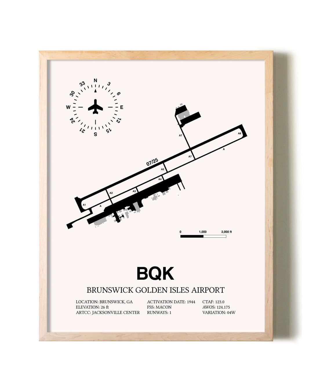 Brunswick Golden Isles Airport framed wall art in white frame