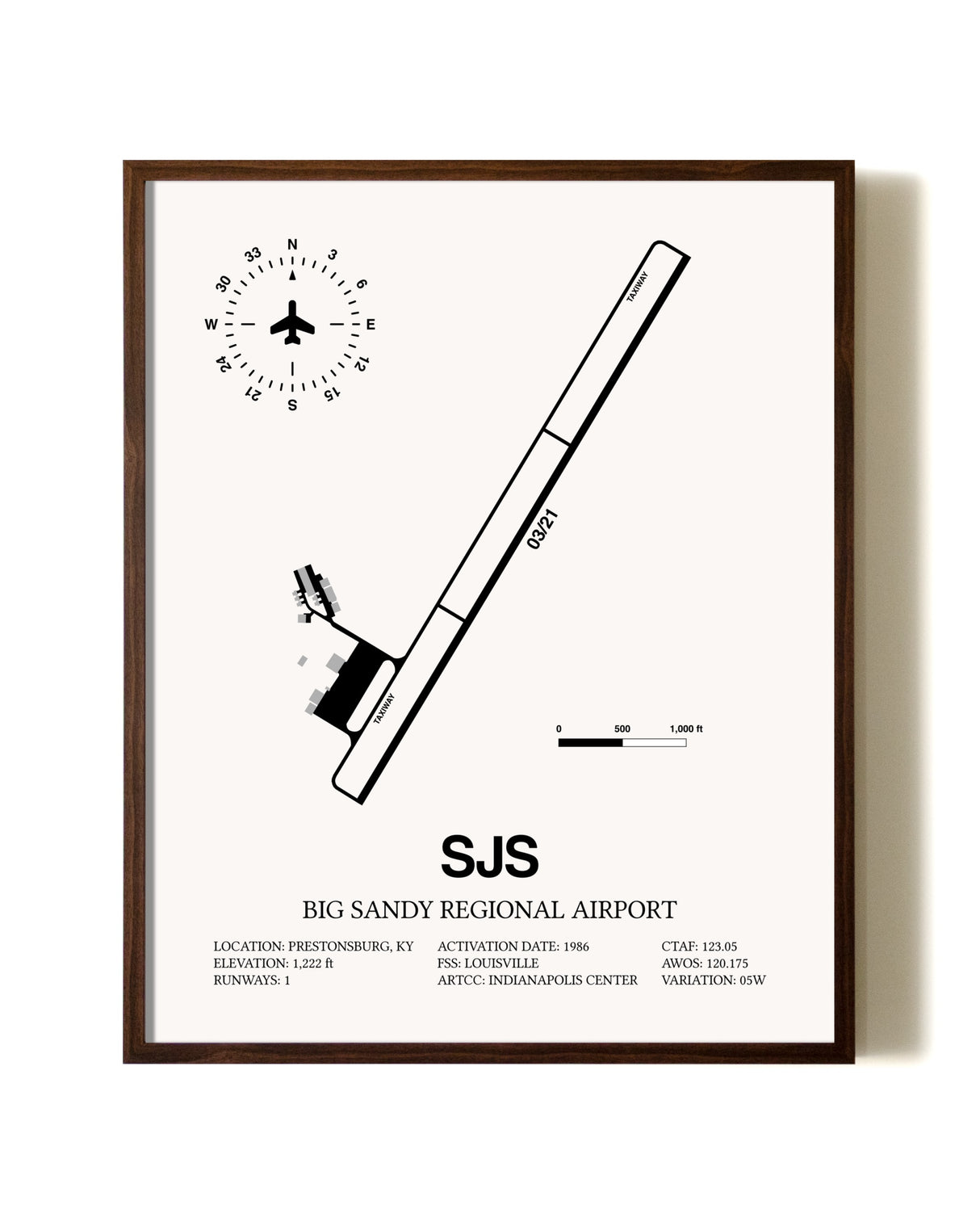 Big Sandy Regional Airport aviation print in walnut frame