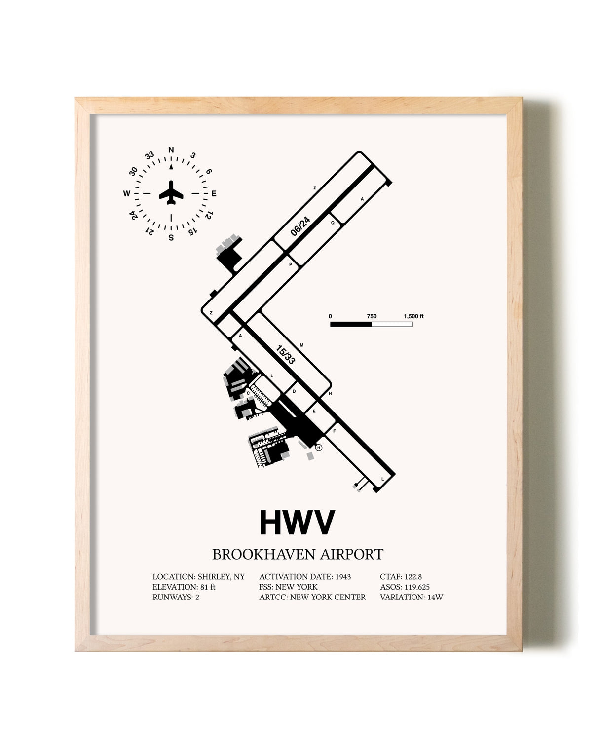 Brookhaven Airport framed wall art in white frame