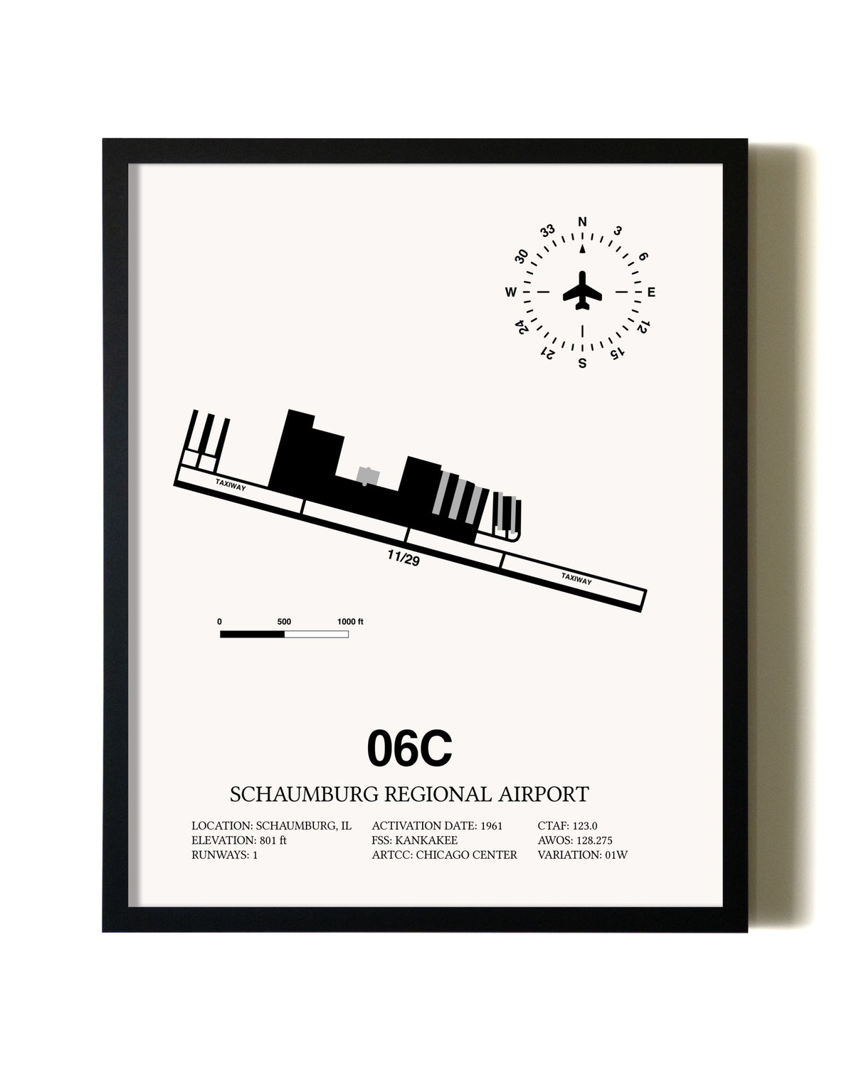 Framed Schaumburg Regional Airport wall art poster in black frame