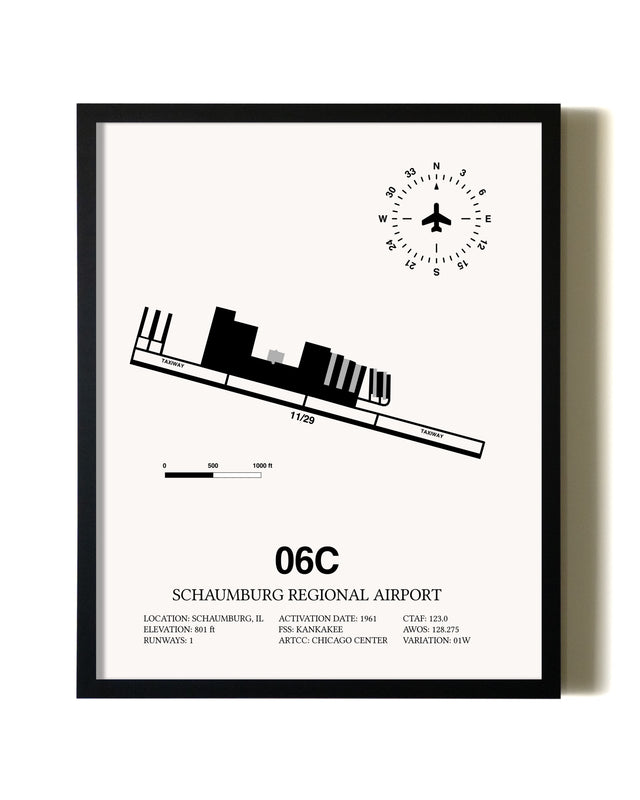 Framed Schaumburg Regional Airport wall art poster in black frame