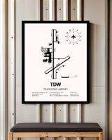 Tradewind Airport framed poster displayed in an airplane hangar
