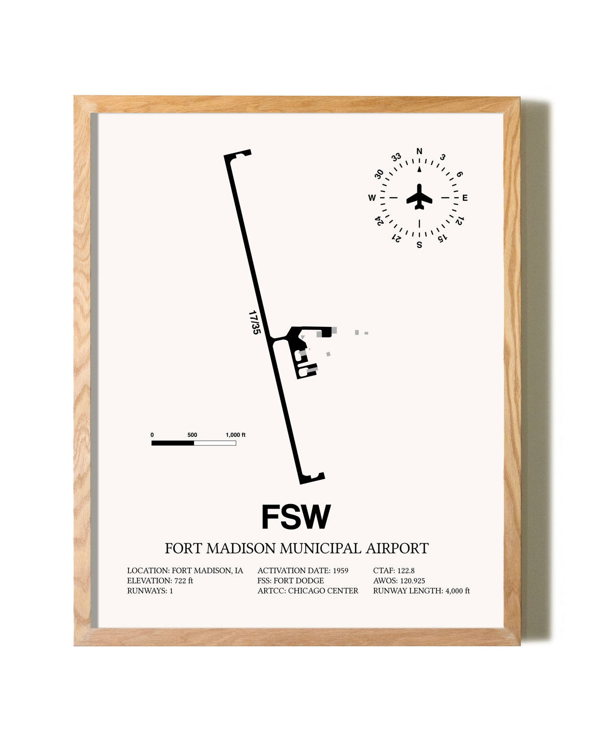 Fort Madison Municipal Airport framed print in natural wood frame