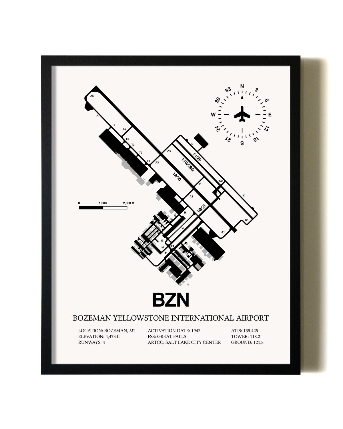 Framed Bozeman Yellowstone International Airport wall art poster in black frame