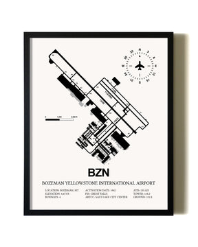 Framed Bozeman Yellowstone International Airport wall art poster in black frame