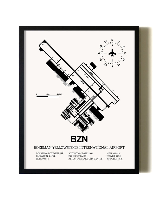 Framed Bozeman Yellowstone International Airport wall art poster in black frame