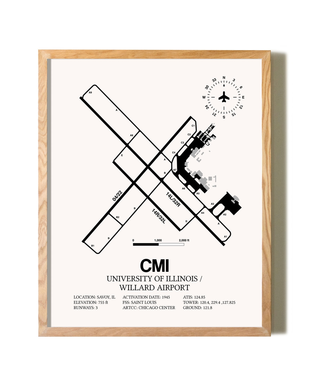 University of Illinois / Willard Airport framed print in natural wood frame