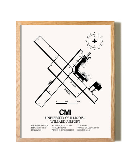 University of Illinois / Willard Airport framed print in natural wood frame