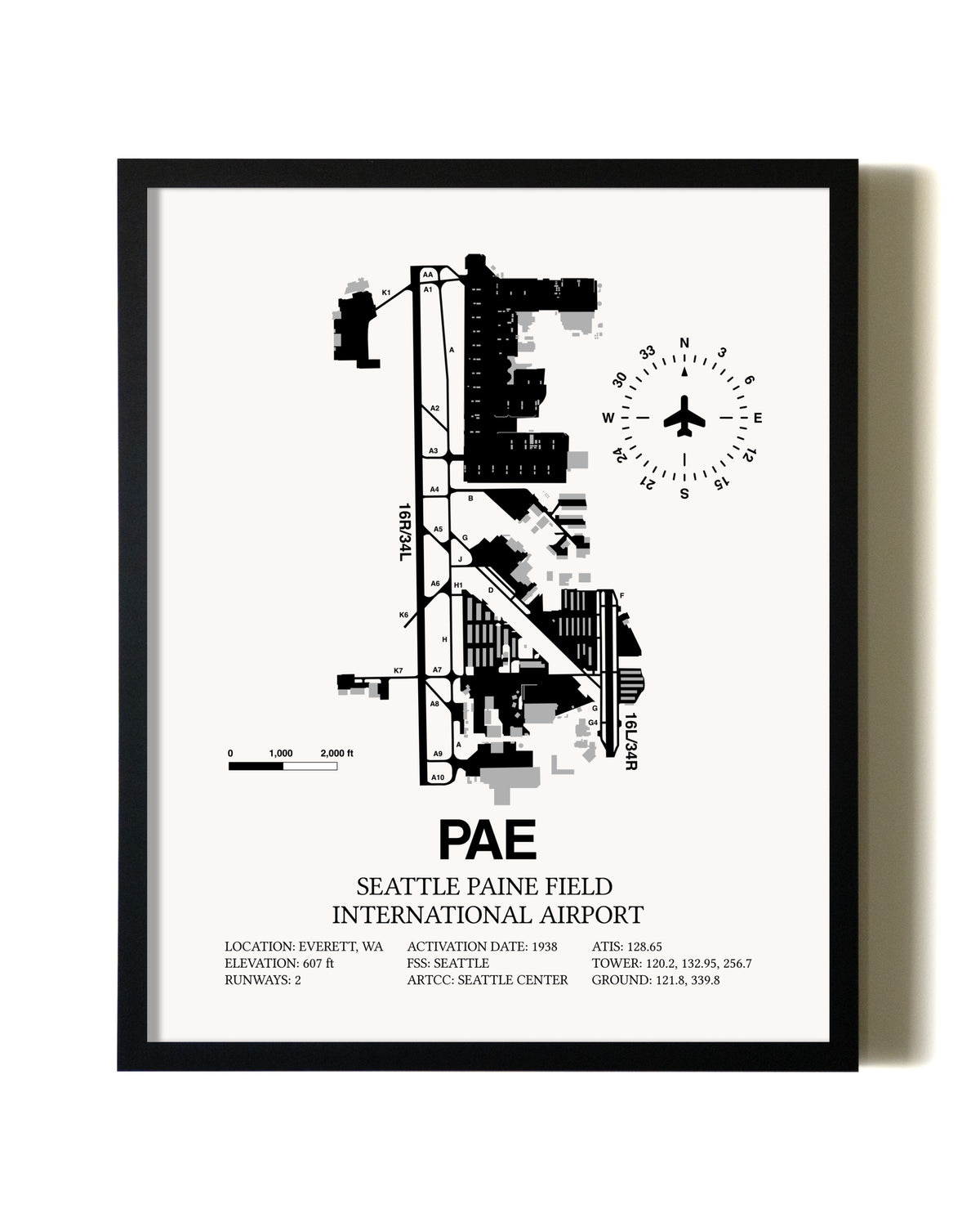 Framed Seattle Paine Field International Airport wall art poster in black frame