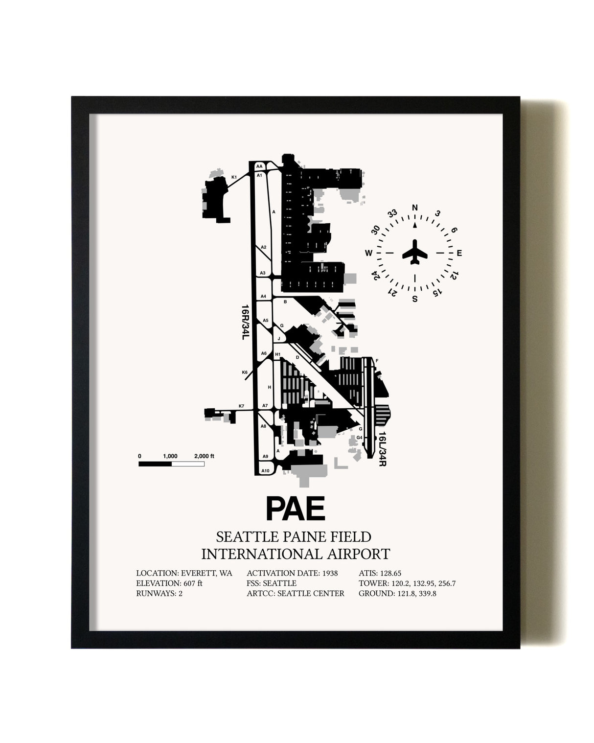 Framed Seattle Paine Field International Airport wall art poster in black frame