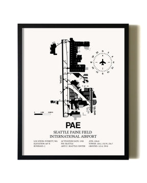 Framed Seattle Paine Field International Airport wall art poster in black frame