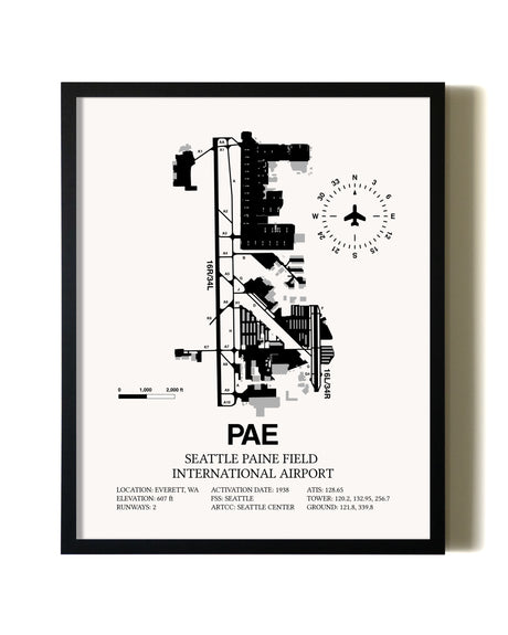 Framed Seattle Paine Field International Airport wall art poster in black frame